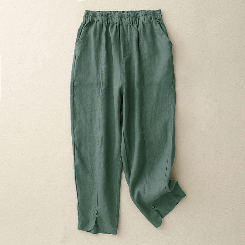 Buddha Stones Pantalones de lino de verano para mujer, de corte ajustado y con bolsillos. - Verdemar - US8-10，UK/AU12-14，EU40-42 (2XL) - image 0