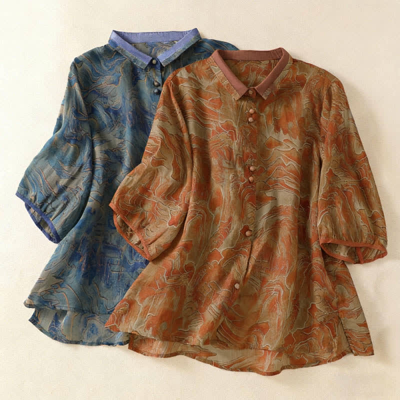 Buddha Stones Camisa de gasa de manga tres cuartos con cuello mandarín y estampado floral veraniego para mujer. - image 15
