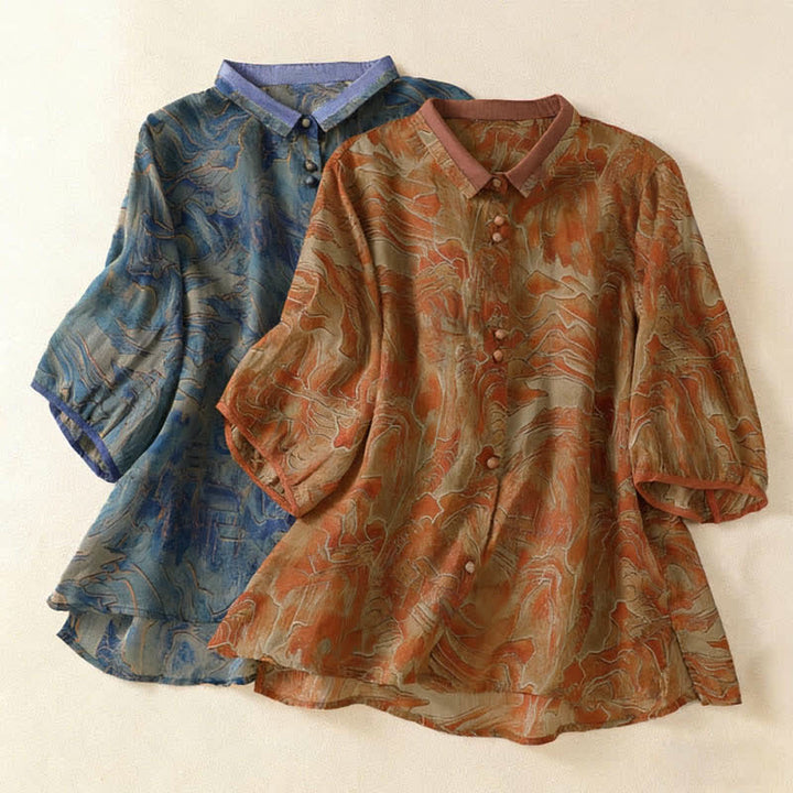 Buddha Stones Camisa de gasa de manga tres cuartos con cuello mandarín y estampado floral veraniego para mujer. - image 15
