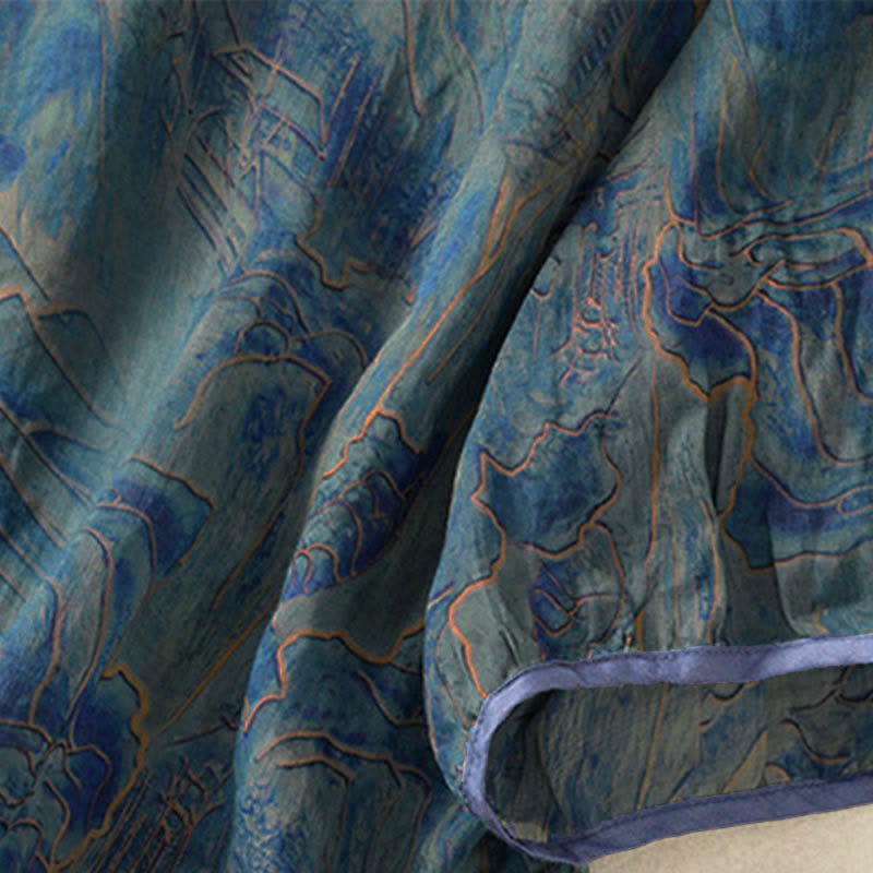 Buddha Stones Camisa de gasa de manga tres cuartos con cuello mandarín y estampado floral veraniego para mujer. - image 5