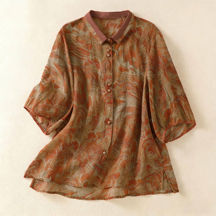 Buddha Stones Camisa de gasa de manga tres cuartos con cuello mandarín y estampado floral veraniego para mujer. - Perú - US8-10，UK/AU12-14，EU40-42 (2XL) - image 8