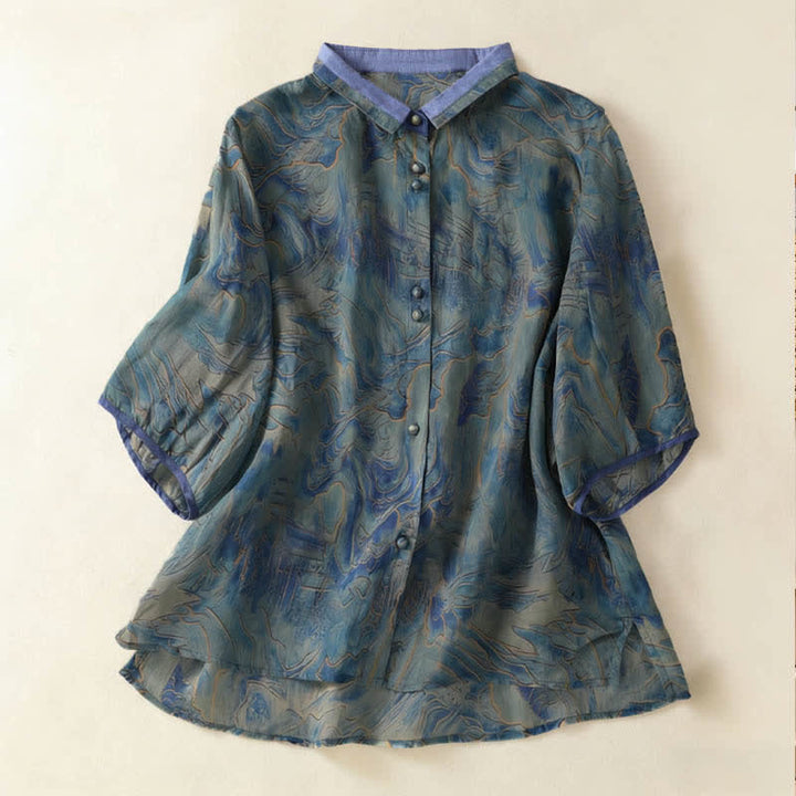 Buddha Stones Camisa de gasa de manga tres cuartos con cuello mandarín y estampado floral veraniego para mujer. - Azul cadete - US8-10，UK/AU12-14，EU40-42 (2XL) - image 0