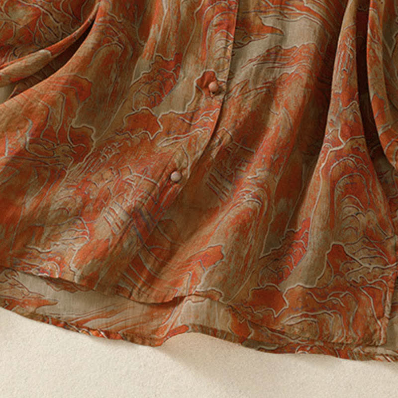 Buddha Stones Camisa de gasa de manga tres cuartos con cuello mandarín y estampado floral veraniego para mujer. - image 12