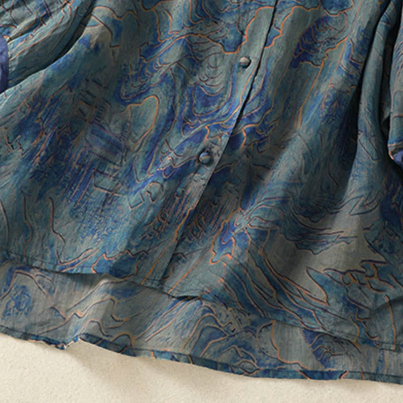 Buddha Stones Camisa de gasa de manga tres cuartos con cuello mandarín y estampado floral veraniego para mujer. - image 6