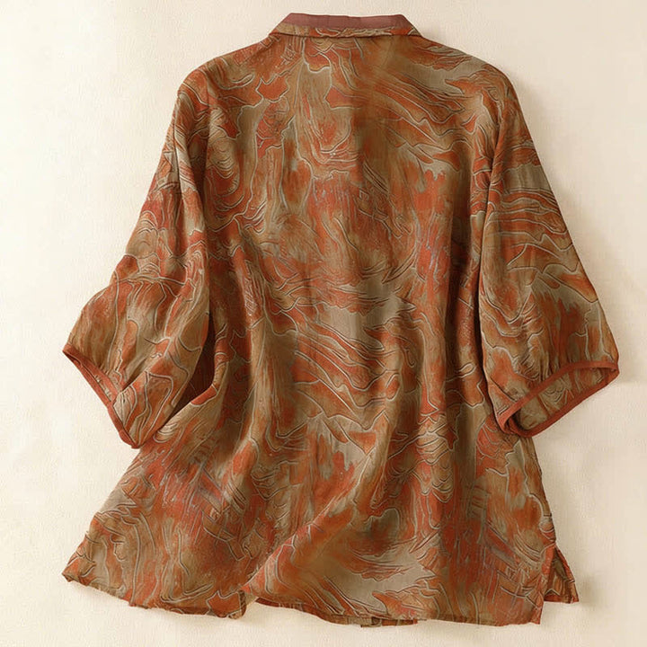 Buddha Stones Camisa de gasa de manga tres cuartos con cuello mandarín y estampado floral veraniego para mujer. - image 9