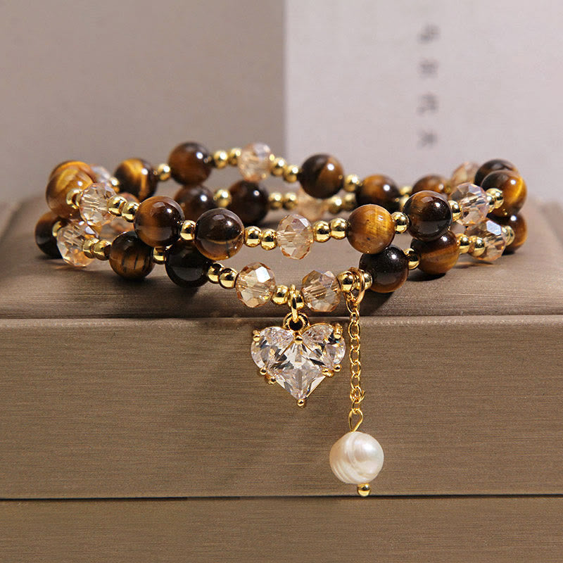 Buddha Stones Pulsera protectora de doble vuelta con forma de corazón de ojo de tigre natural - Ojo de tigre (circunferencia de la muñeca: 15-16 cm) - image 0