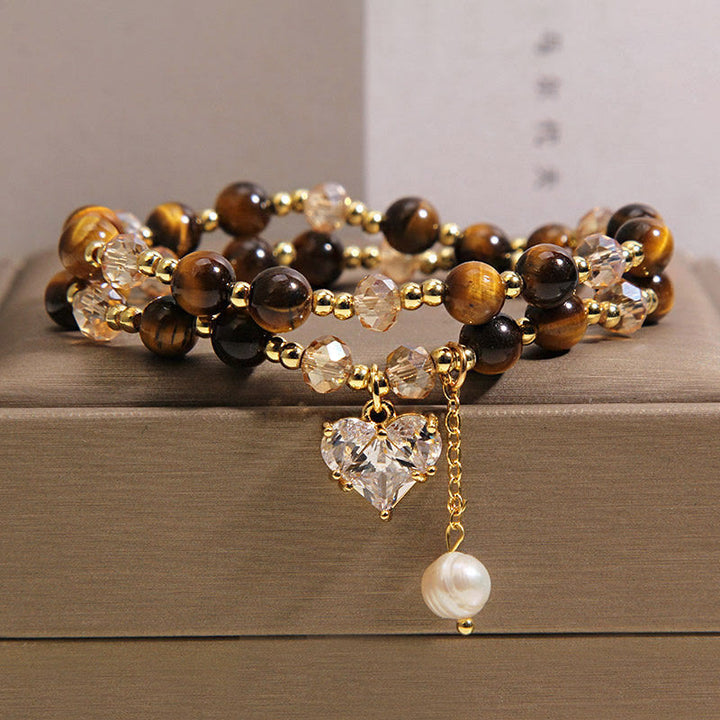 Buddha Stones Pulsera protectora de doble vuelta con forma de corazón de ojo de tigre natural - Ojo de tigre (circunferencia de la muñeca: 15-16 cm) - image 0