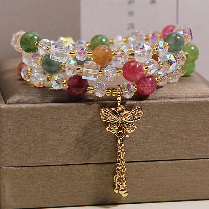 Buddha Stones Pulsera triple de turmalina colorida con mariposa y símbolo de sabiduría - image 4