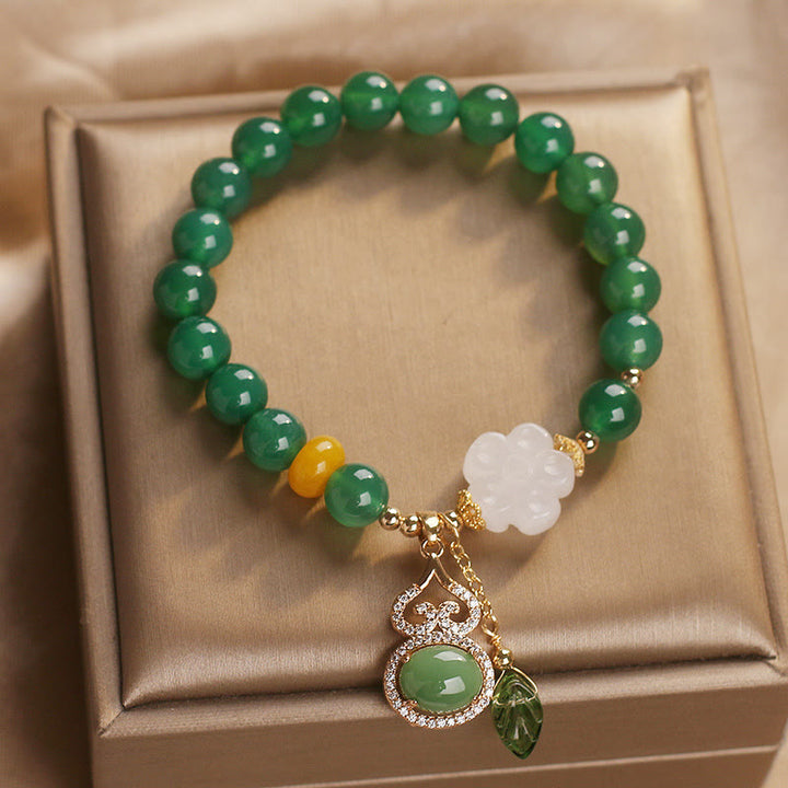 Buddha Stones Pulsera con dije de hoja de calabaza, flor de jade blanco y ágata verde - image 1