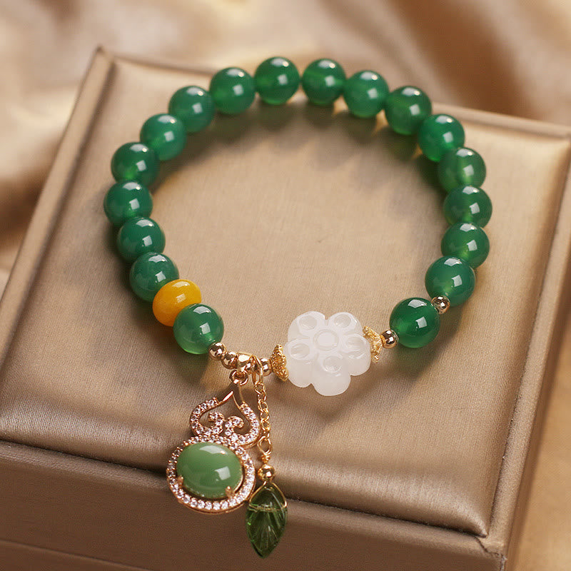 Buddha Stones Pulsera con dije de hoja de calabaza, flor de jade blanco y ágata verde - image 7