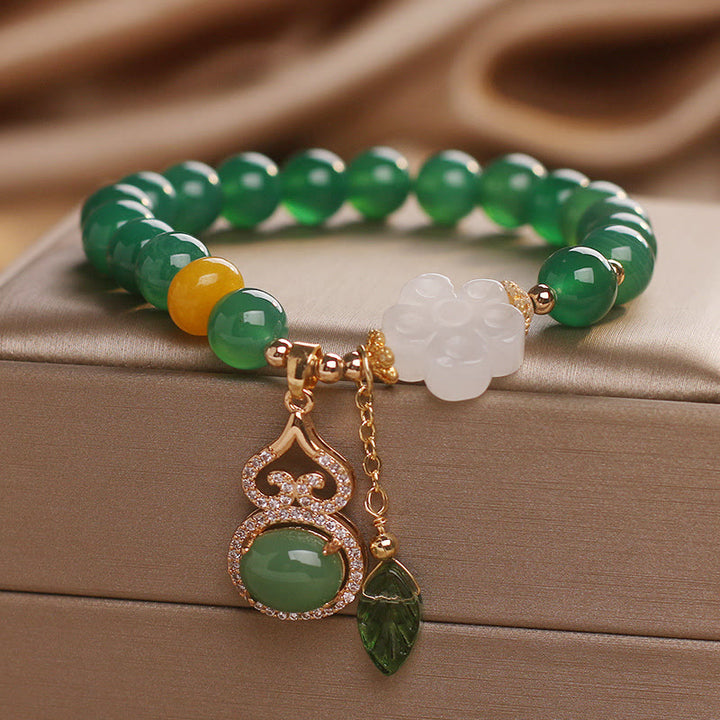 Buddha Stones Pulsera con dije de hoja de calabaza, flor de jade blanco y ágata verde - Ágata verde (circunferencia de la muñeca: 15-16 cm) - image 0
