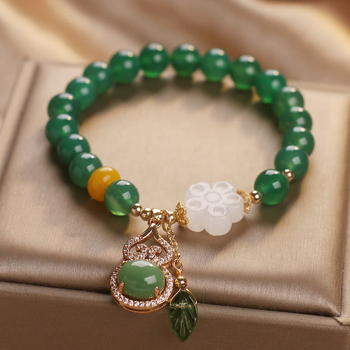 Buddha Stones Pulsera con dije de hoja de calabaza, flor de jade blanco y ágata verde - image 2