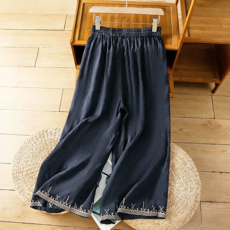 Buddha Stones Pantalones anchos de mujer con bordados estilo boho veraniegos, color liso y con bolsillos. - Azul medianoche - US8-10，UK/AU12-14，EU40-42 (2XL) - image 0