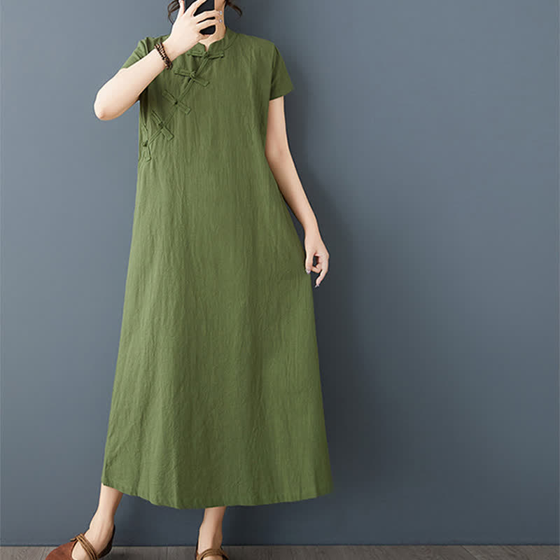 Buddha Stones Vestido de verano minimalista de lino liso con cuello mandarín, botones y mangas cortas, con bolsillos. - Verde oliva - US8-10, UK/AU12-14, EU40-42 (XL) - image 0