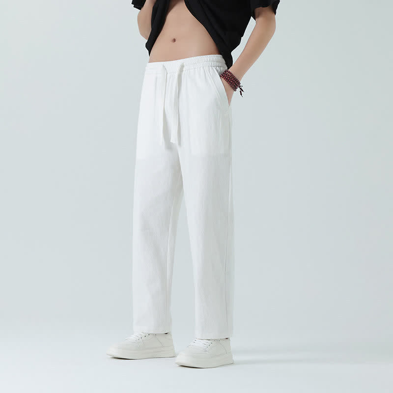 Buddha Stones Pantalones rectos minimalistas de algodón para hombre con cintura elástica y bolsillos, ideales para el verano. - Blanco - US/UK/AU46, EU56 (5XL) - image 14