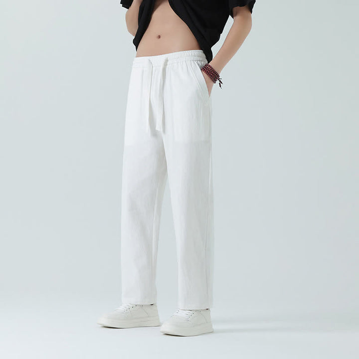Buddha Stones Pantalones rectos minimalistas de algodón para hombre con cintura elástica y bolsillos, ideales para el verano. - Blanco - US/UK/AU46, EU56 (5XL) - image 14