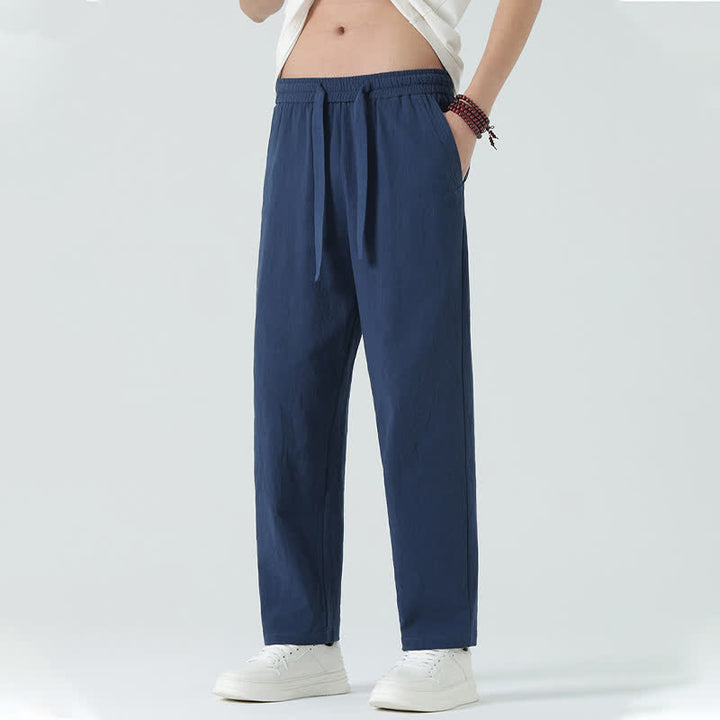 Buddha Stones Pantalones rectos minimalistas de algodón para hombre con cintura elástica y bolsillos, ideales para el verano. - Azul medianoche - US/UK/AU46, EU56 (5XL) - image 0