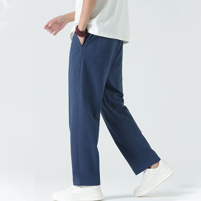 Buddha Stones Pantalones rectos minimalistas de algodón para hombre con cintura elástica y bolsillos, ideales para el verano. - image 2