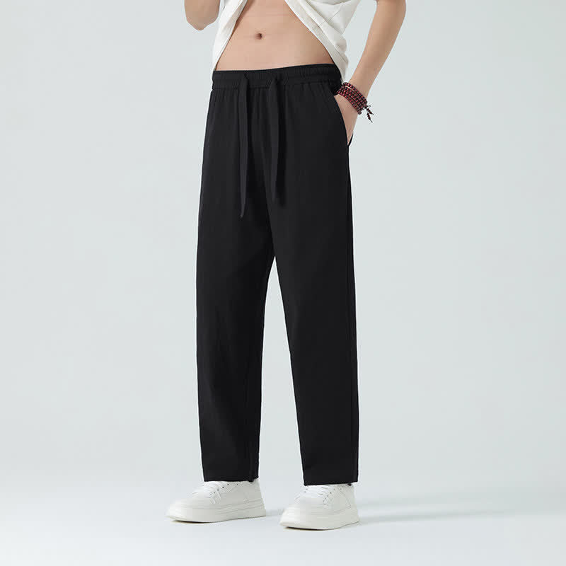 Buddha Stones Pantalones rectos minimalistas de algodón para hombre con cintura elástica y bolsillos, ideales para el verano. - Negro - US/UK/AU46, EU56 (5XL) - image 8