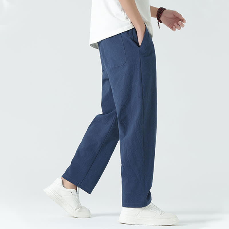 Buddha Stones Pantalones rectos minimalistas de algodón para hombre con cintura elástica y bolsillos, ideales para el verano. - image 3