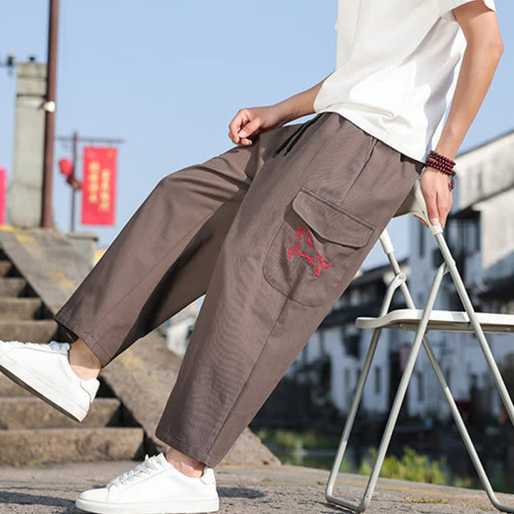 Buddha Stones Pantalones harem de verano informales para hombre con cordón ajustable, bordado y bolsillos. - image 20