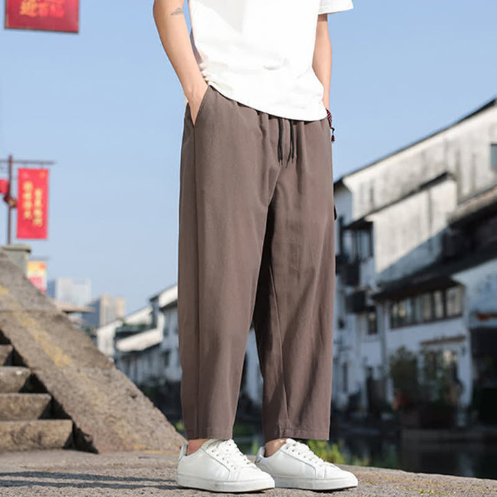 Buddha Stones Pantalones harem de verano informales para hombre con cordón ajustable, bordado y bolsillos. - image 18