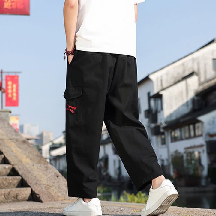 Buddha Stones Pantalones harem de verano informales para hombre con cordón ajustable, bordado y bolsillos. - image 3