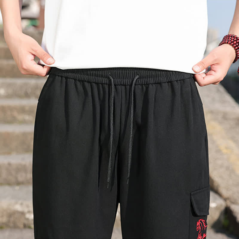 Buddha Stones Pantalones harem de verano informales para hombre con cordón ajustable, bordado y bolsillos. - image 10