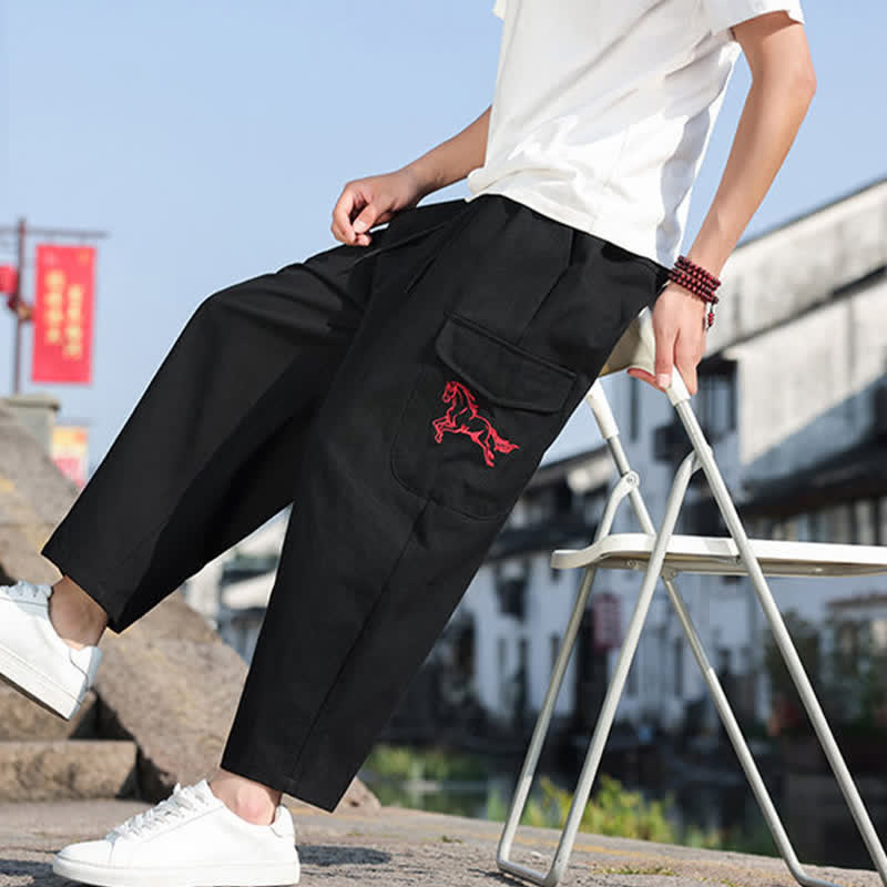 Buddha Stones Pantalones harem de verano informales para hombre con cordón ajustable, bordado y bolsillos. - image 8