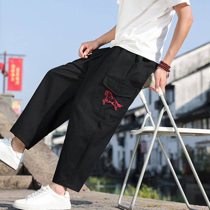 Buddha Stones Pantalones harem de verano informales para hombre con cordón ajustable, bordado y bolsillos. - image 8