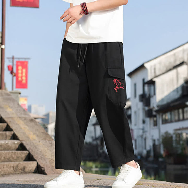 Buddha Stones Pantalones harem de verano informales para hombre con cordón ajustable, bordado y bolsillos. - image 1