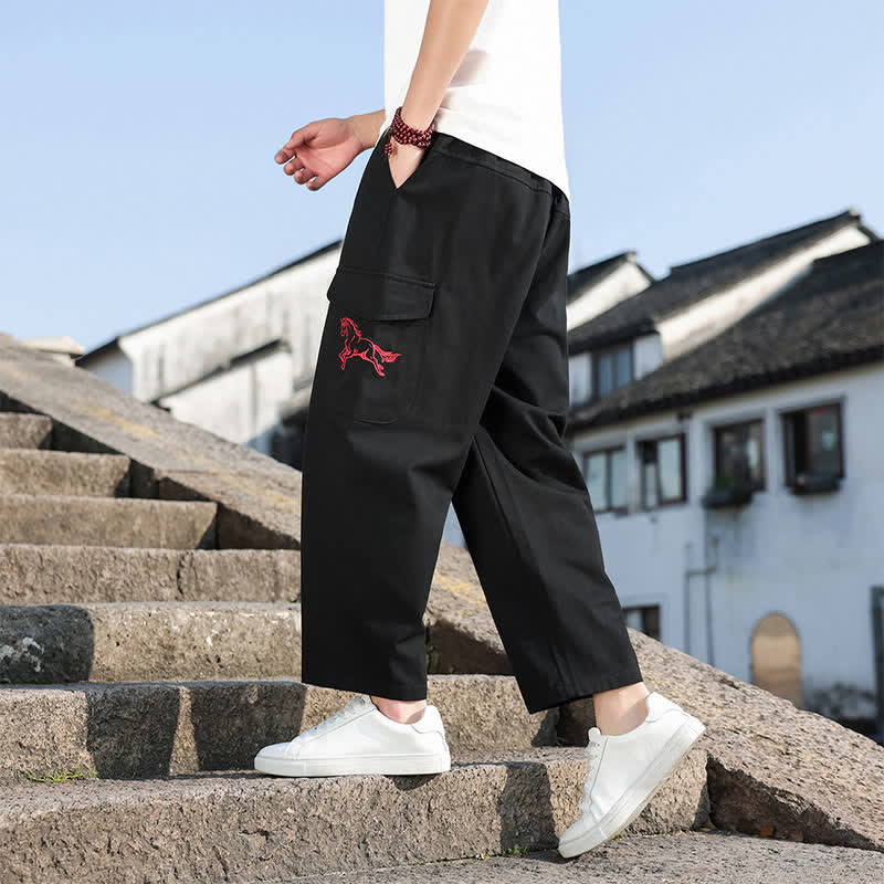 Buddha Stones Pantalones harem de verano informales para hombre con cordón ajustable, bordado y bolsillos. - image 2