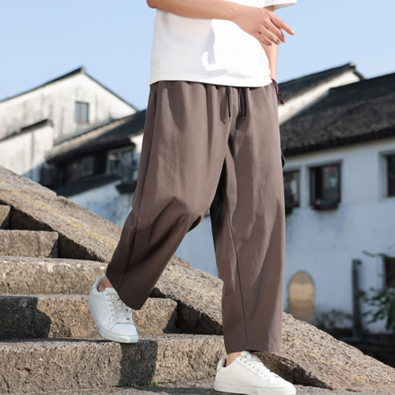 Buddha Stones Pantalones harem de verano informales para hombre con cordón ajustable, bordado y bolsillos. - image 19