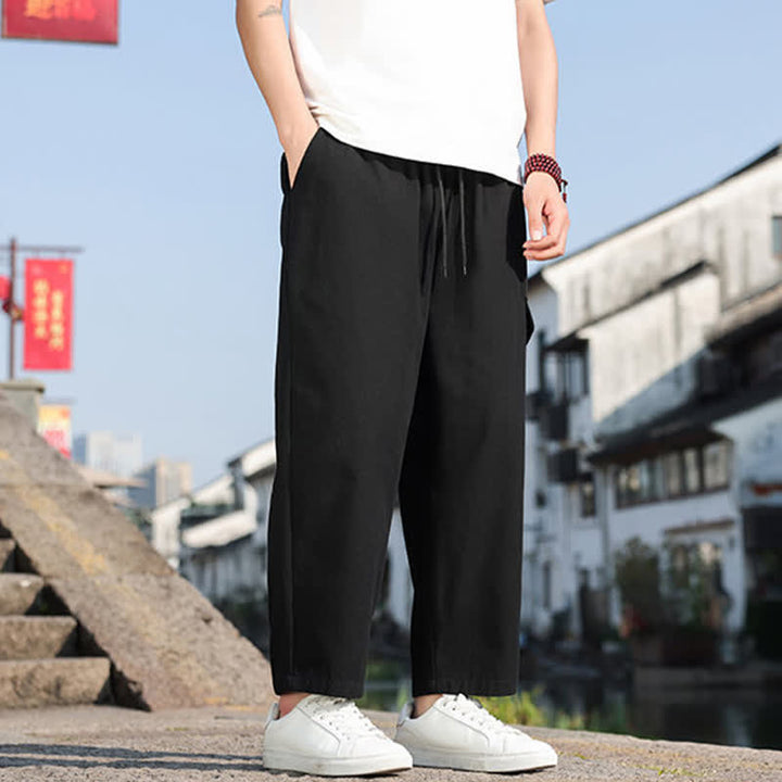Buddha Stones Pantalones harem de verano informales para hombre con cordón ajustable, bordado y bolsillos. - image 4