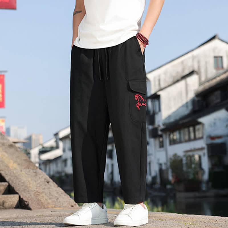 Buddha Stones Pantalones harem de verano informales para hombre con cordón ajustable, bordado y bolsillos. - image 6
