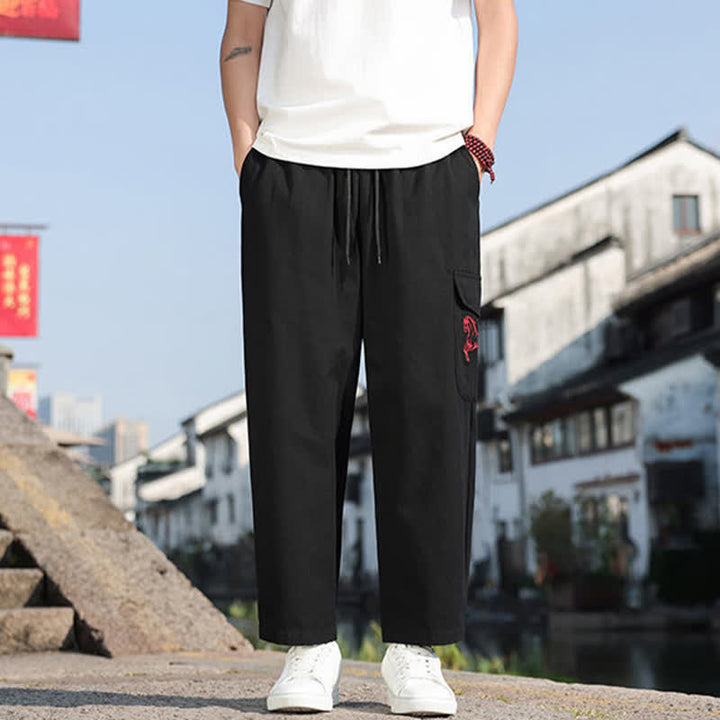 Buddha Stones Pantalones harem de verano informales para hombre con cordón ajustable, bordado y bolsillos. - image 7