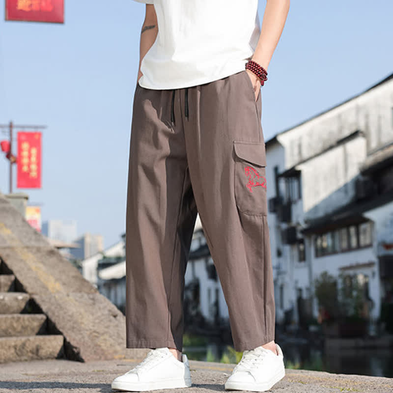 Buddha Stones Pantalones harem de verano informales para hombre con cordón ajustable, bordado y bolsillos. - image 14