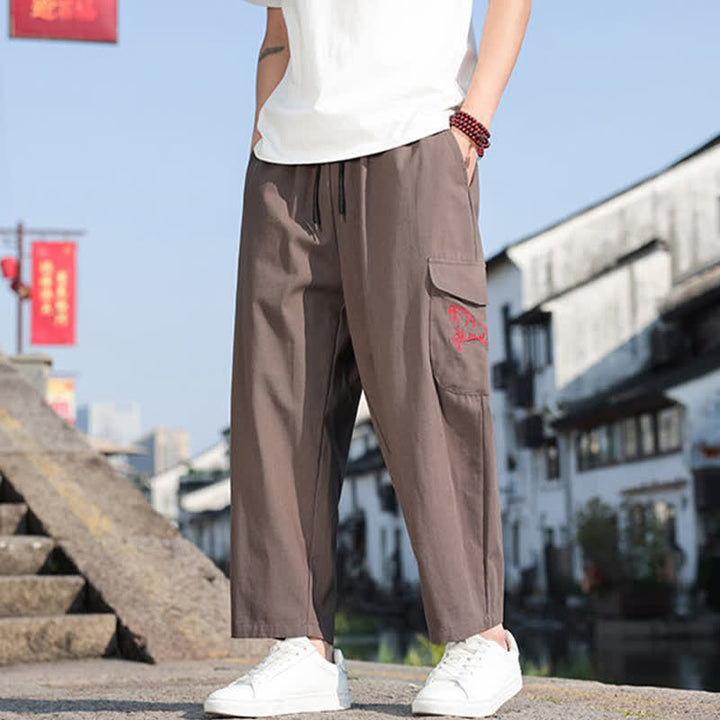 Buddha Stones Pantalones harem de verano informales para hombre con cordón ajustable, bordado y bolsillos. - image 14