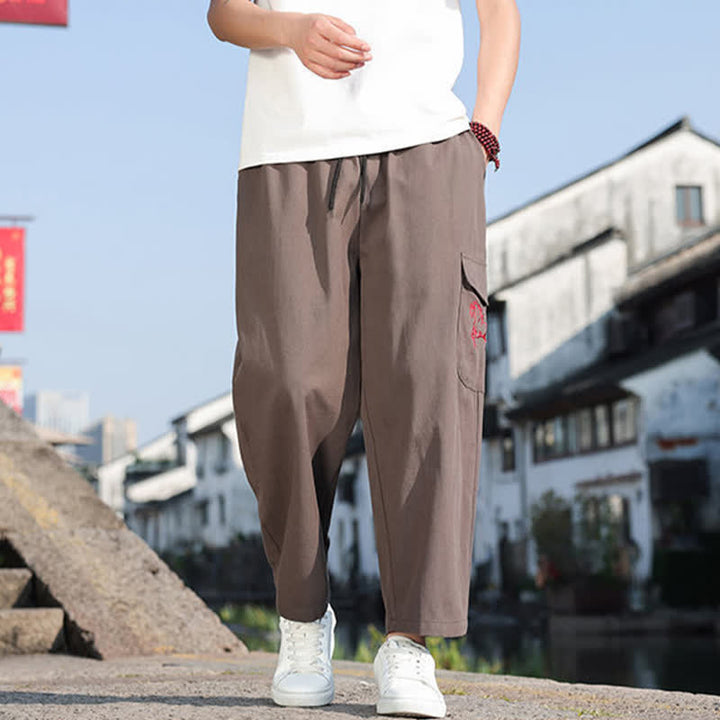 Buddha Stones Pantalones harem de verano informales para hombre con cordón ajustable, bordado y bolsillos. - Caqui oscuro - US/UK/AU46, EU56 (5XL) - image 13