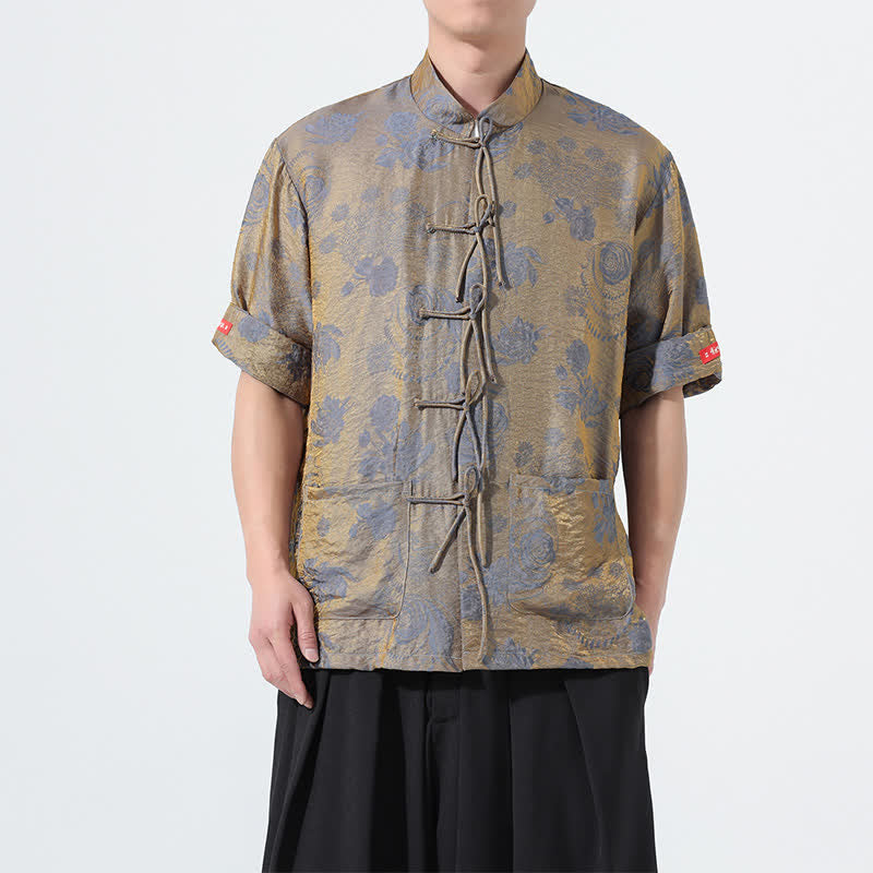 Buddha Stones Camisa de manga corta para hombre con cuello mandarín, estampado jacquard floral y bolsillos, estilo verano Tang. - Gris - US/UK/AU46, EU56 (5XL) - image 0
