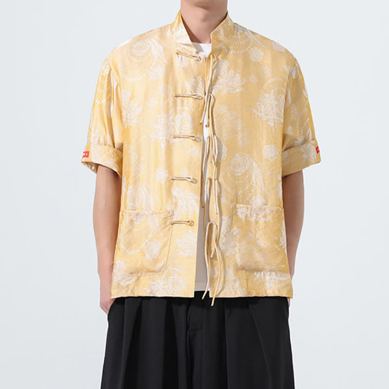 Buddha Stones Camisa de manga corta para hombre con cuello mandarín, estampado jacquard floral y bolsillos, estilo verano Tang. - image 14