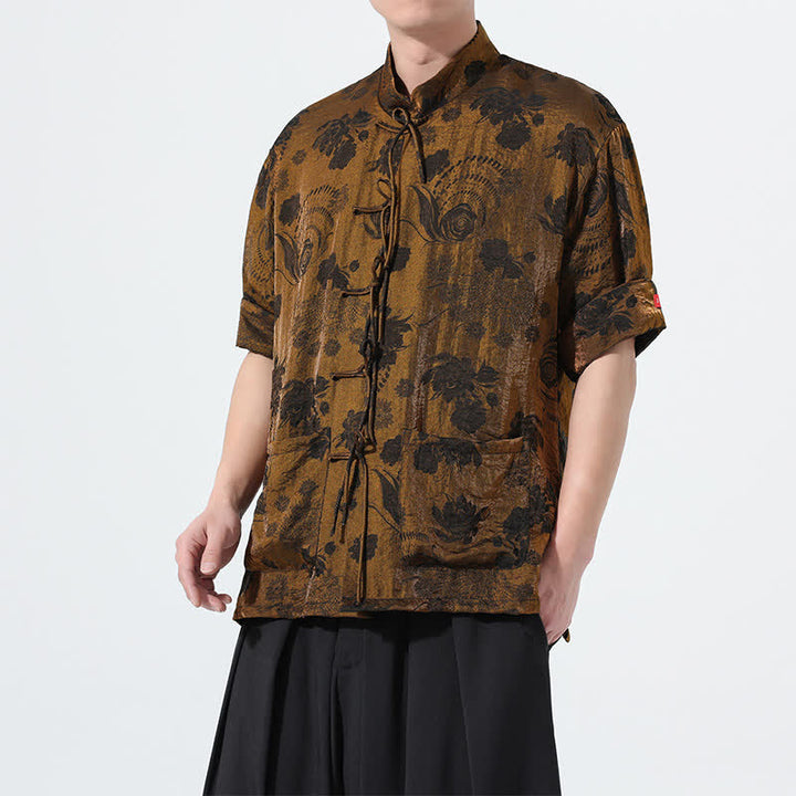 Buddha Stones Camisa de manga corta para hombre con cuello mandarín, estampado jacquard floral y bolsillos, estilo verano Tang. - image 27