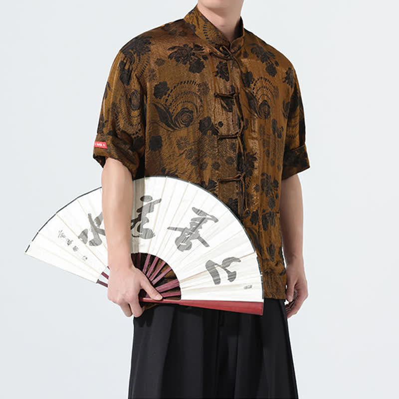 Buddha Stones Camisa de manga corta para hombre con cuello mandarín, estampado jacquard floral y bolsillos, estilo verano Tang. - image 30
