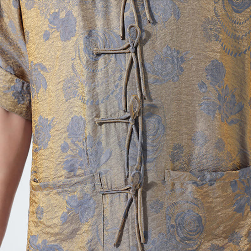 Buddha Stones Camisa de manga corta para hombre con cuello mandarín, estampado jacquard floral y bolsillos, estilo verano Tang. - image 11