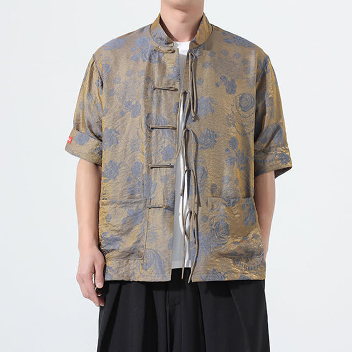 Buddha Stones Camisa de manga corta para hombre con cuello mandarín, estampado jacquard floral y bolsillos, estilo verano Tang. - image 4