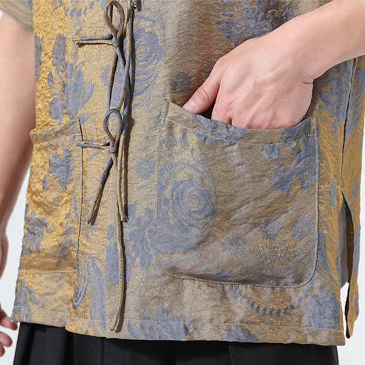 Buddha Stones Camisa de manga corta para hombre con cuello mandarín, estampado jacquard floral y bolsillos, estilo verano Tang. - image 12