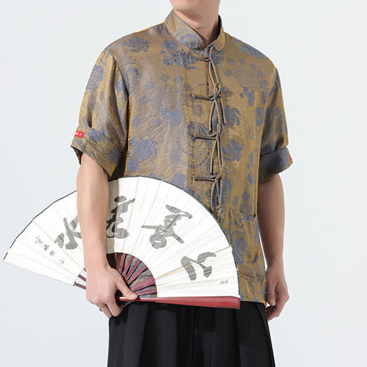 Buddha Stones Camisa de manga corta para hombre con cuello mandarín, estampado jacquard floral y bolsillos, estilo verano Tang. - image 8