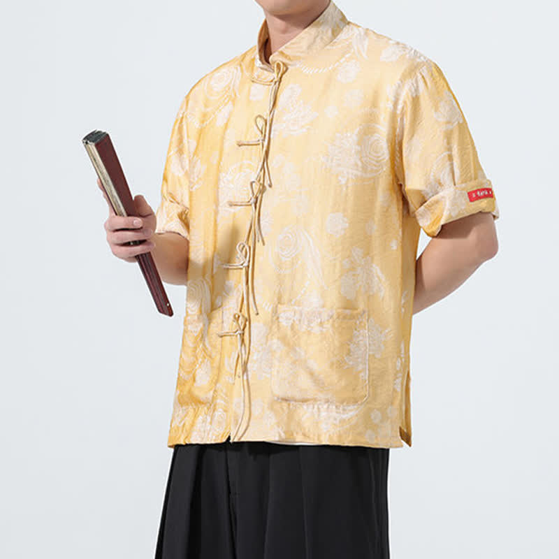 Buddha Stones Camisa de manga corta para hombre con cuello mandarín, estampado jacquard floral y bolsillos, estilo verano Tang. - image 18