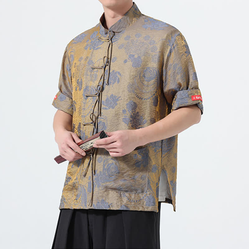 Buddha Stones Camisa de manga corta para hombre con cuello mandarín, estampado jacquard floral y bolsillos, estilo verano Tang. - image 5