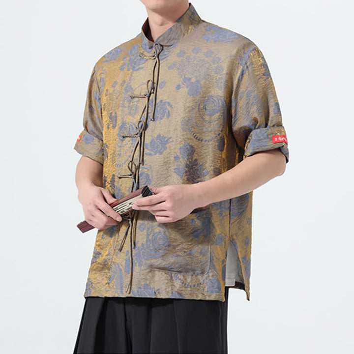 Buddha Stones Camisa de manga corta para hombre con cuello mandarín, estampado jacquard floral y bolsillos, estilo verano Tang. - image 5